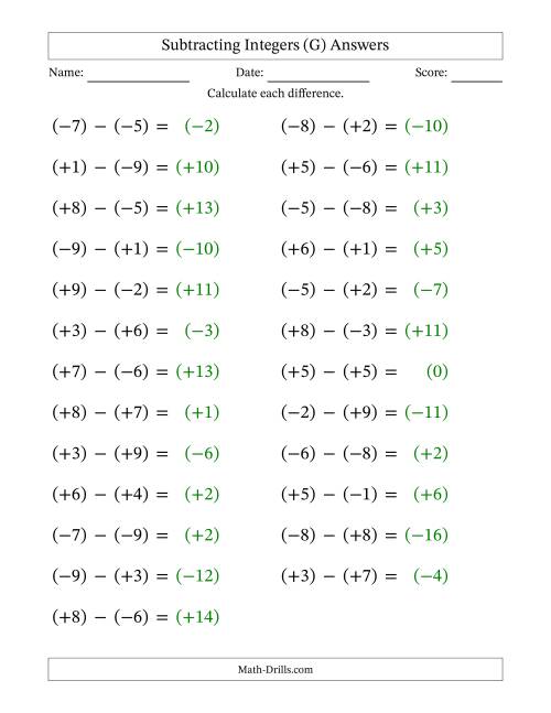 The Subtracting Mixed Integers from -9 to 9 (25 Questions; Large Print; All Parentheses) (G) Math Worksheet Page 2