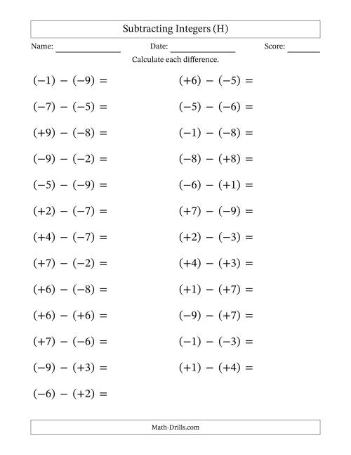 The Subtracting Mixed Integers from -9 to 9 (25 Questions; Large Print; All Parentheses) (H) Math Worksheet