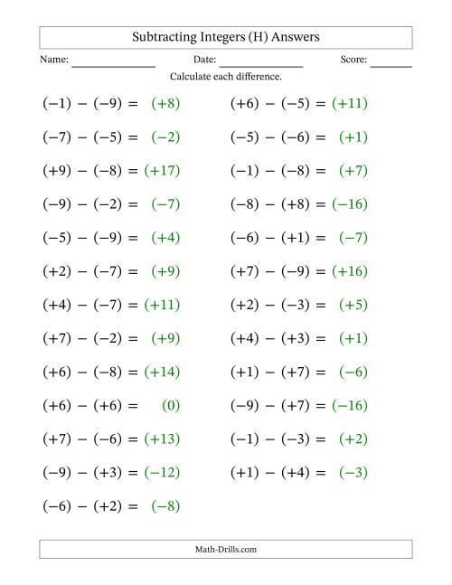 The Subtracting Mixed Integers from -9 to 9 (25 Questions; Large Print; All Parentheses) (H) Math Worksheet Page 2