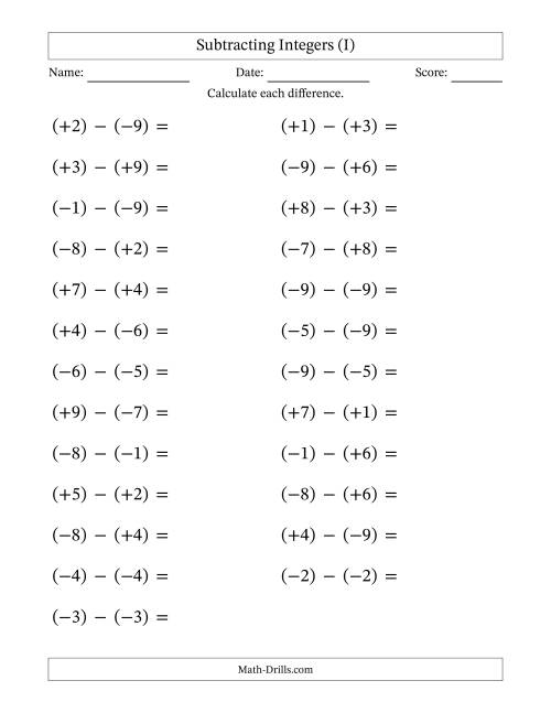 The Subtracting Mixed Integers from -9 to 9 (25 Questions; Large Print; All Parentheses) (I) Math Worksheet
