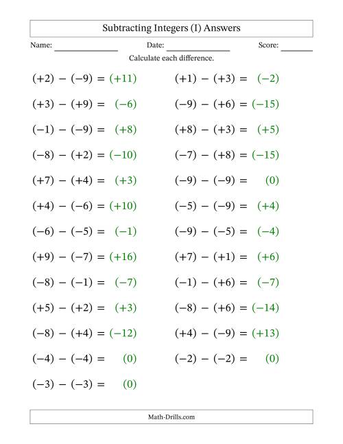 The Subtracting Mixed Integers from -9 to 9 (25 Questions; Large Print; All Parentheses) (I) Math Worksheet Page 2