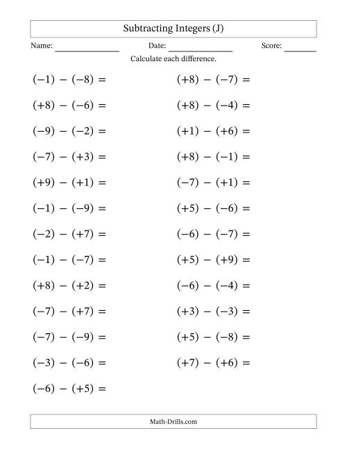 The Subtracting Mixed Integers from -9 to 9 (25 Questions; Large Print; All Parentheses) (J) Math Worksheet