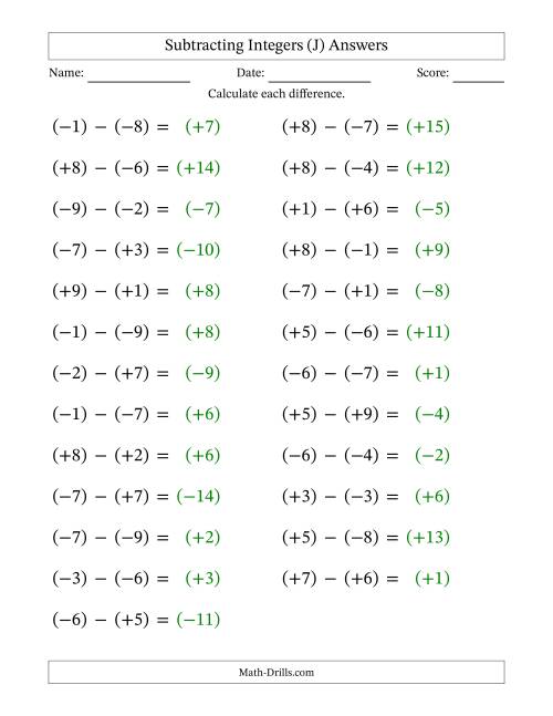 The Subtracting Mixed Integers from -9 to 9 (25 Questions; Large Print; All Parentheses) (J) Math Worksheet Page 2