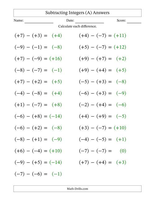 The Subtracting Mixed Integers from -9 to 9 (25 Questions; Large Print; All Parentheses) (All) Math Worksheet Page 2