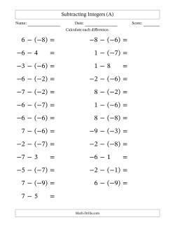 Subtracting Mixed Integers from -9 to 9 (25 Questions; Large Print)