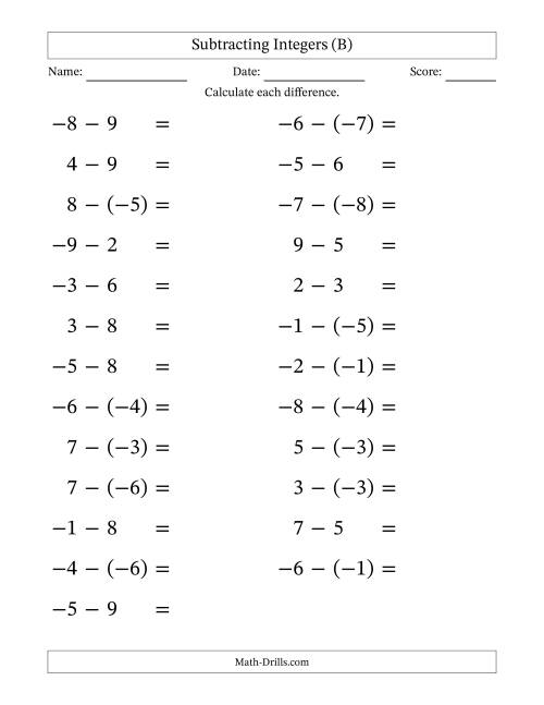 The Subtracting Mixed Integers from -9 to 9 (25 Questions; Large Print) (B) Math Worksheet