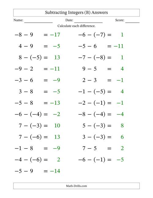 The Subtracting Mixed Integers from -9 to 9 (25 Questions; Large Print) (B) Math Worksheet Page 2