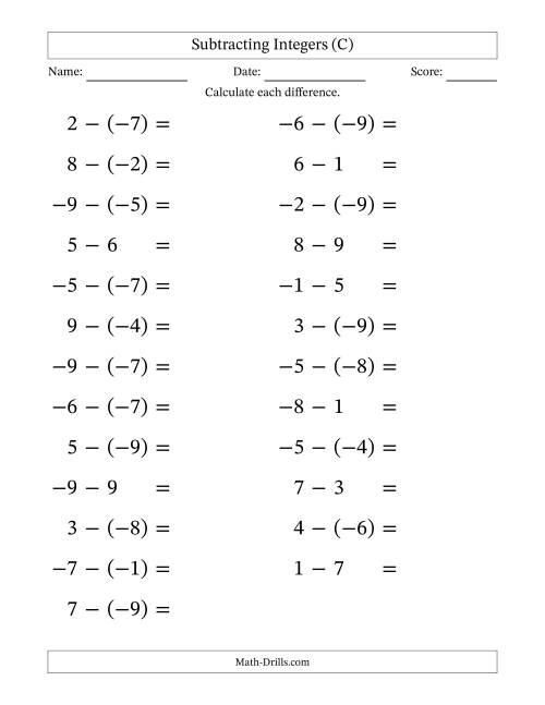 The Subtracting Mixed Integers from -9 to 9 (25 Questions; Large Print) (C) Math Worksheet