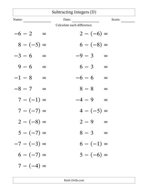 The Subtracting Mixed Integers from -9 to 9 (25 Questions; Large Print) (D) Math Worksheet