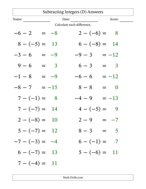 The Subtracting Mixed Integers from -9 to 9 (25 Questions; Large Print) (D) Math Worksheet Page 2