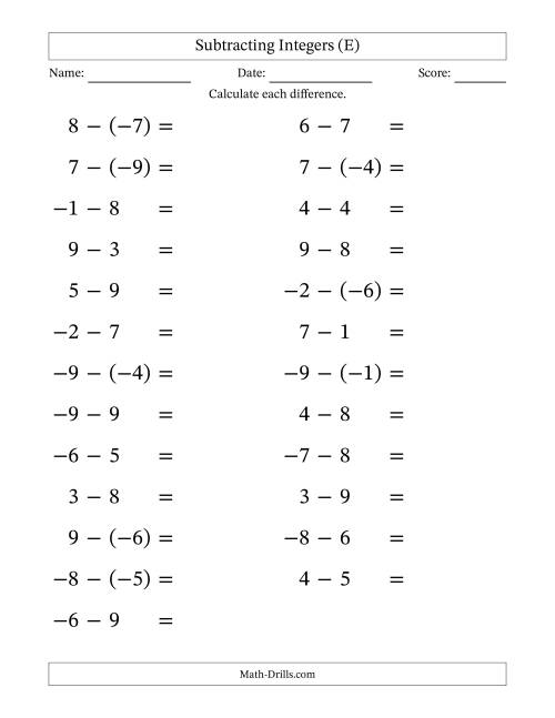 The Subtracting Mixed Integers from -9 to 9 (25 Questions; Large Print) (E) Math Worksheet