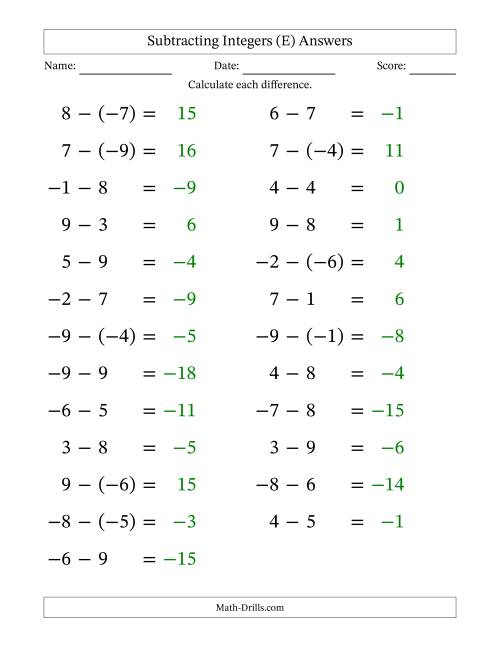 The Subtracting Mixed Integers from -9 to 9 (25 Questions; Large Print) (E) Math Worksheet Page 2
