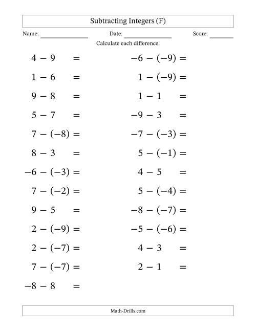 The Subtracting Mixed Integers from -9 to 9 (25 Questions; Large Print) (F) Math Worksheet