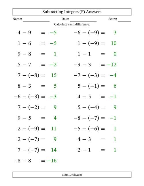 The Subtracting Mixed Integers from -9 to 9 (25 Questions; Large Print) (F) Math Worksheet Page 2