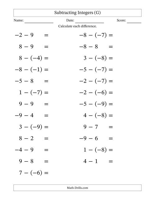 The Subtracting Mixed Integers from -9 to 9 (25 Questions; Large Print) (G) Math Worksheet