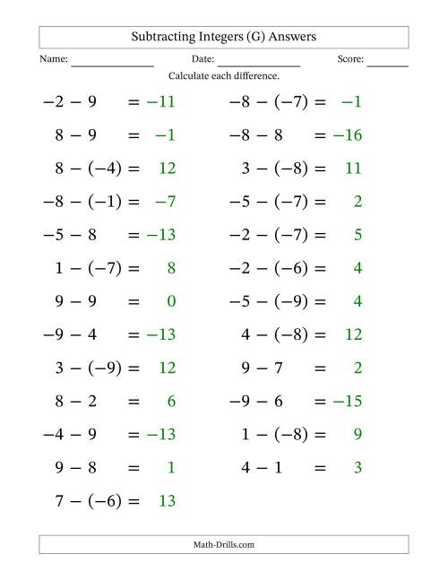 The Subtracting Mixed Integers from -9 to 9 (25 Questions; Large Print) (G) Math Worksheet Page 2