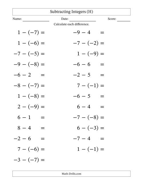 The Subtracting Mixed Integers from -9 to 9 (25 Questions; Large Print) (H) Math Worksheet