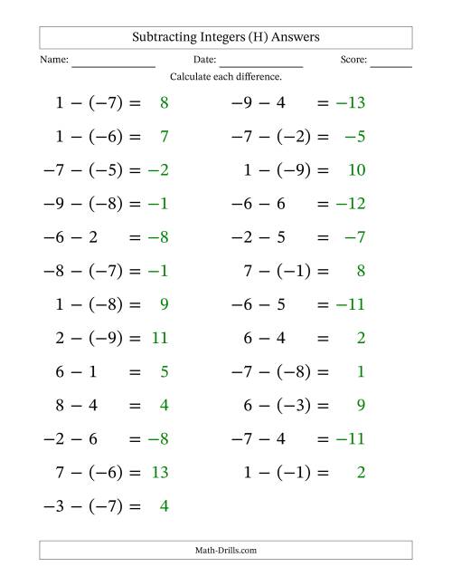 The Subtracting Mixed Integers from -9 to 9 (25 Questions; Large Print) (H) Math Worksheet Page 2