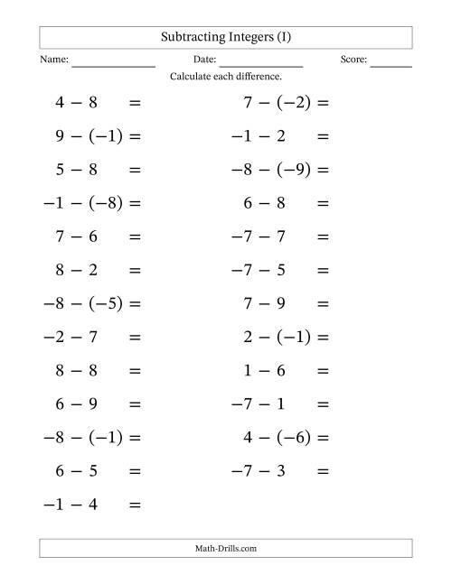 The Subtracting Mixed Integers from -9 to 9 (25 Questions; Large Print) (I) Math Worksheet
