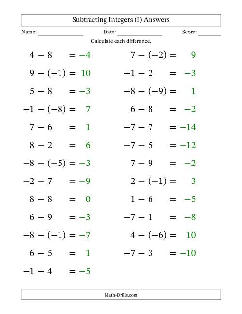 The Subtracting Mixed Integers from -9 to 9 (25 Questions; Large Print) (I) Math Worksheet Page 2
