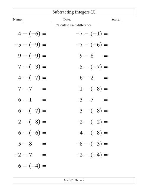 The Subtracting Mixed Integers from -9 to 9 (25 Questions; Large Print) (J) Math Worksheet