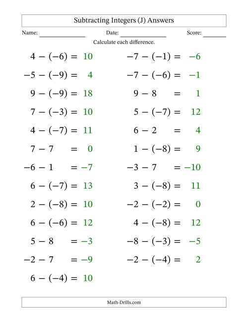 The Subtracting Mixed Integers from -9 to 9 (25 Questions; Large Print) (J) Math Worksheet Page 2