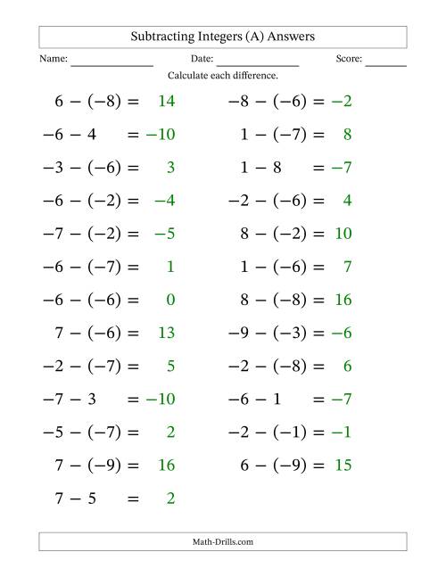 The Subtracting Mixed Integers from -9 to 9 (25 Questions; Large Print) (All) Math Worksheet Page 2