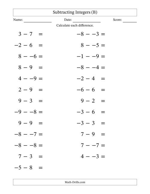 The Subtracting Mixed Integers from -9 to 9 (25 Questions; Large Print; No Parentheses) (B) Math Worksheet