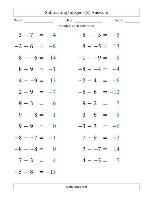 The Subtracting Mixed Integers from -9 to 9 (25 Questions; Large Print; No Parentheses) (B) Math Worksheet Page 2