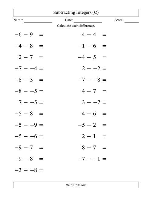 The Subtracting Mixed Integers from -9 to 9 (25 Questions; Large Print; No Parentheses) (C) Math Worksheet
