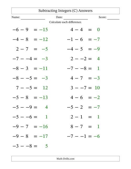 The Subtracting Mixed Integers from -9 to 9 (25 Questions; Large Print; No Parentheses) (C) Math Worksheet Page 2