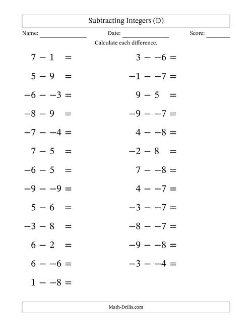 The Subtracting Mixed Integers from -9 to 9 (25 Questions; Large Print; No Parentheses) (D) Math Worksheet