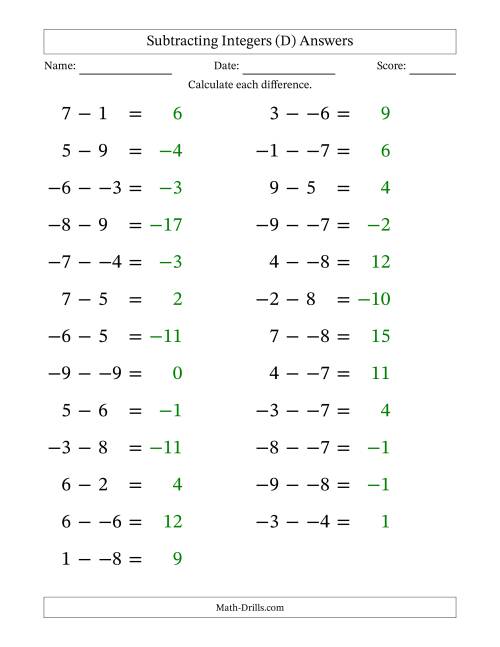 The Subtracting Mixed Integers from -9 to 9 (25 Questions; Large Print; No Parentheses) (D) Math Worksheet Page 2
