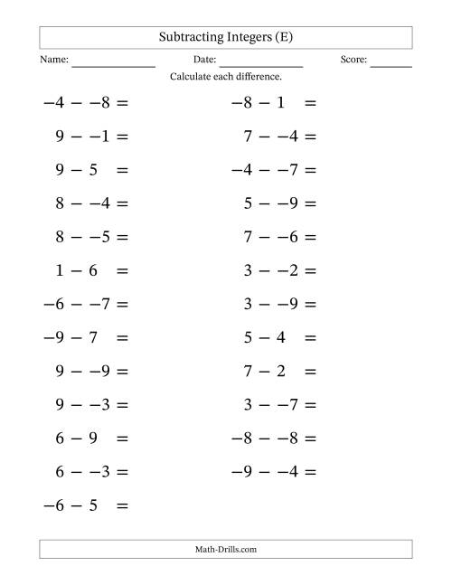 The Subtracting Mixed Integers from -9 to 9 (25 Questions; Large Print; No Parentheses) (E) Math Worksheet