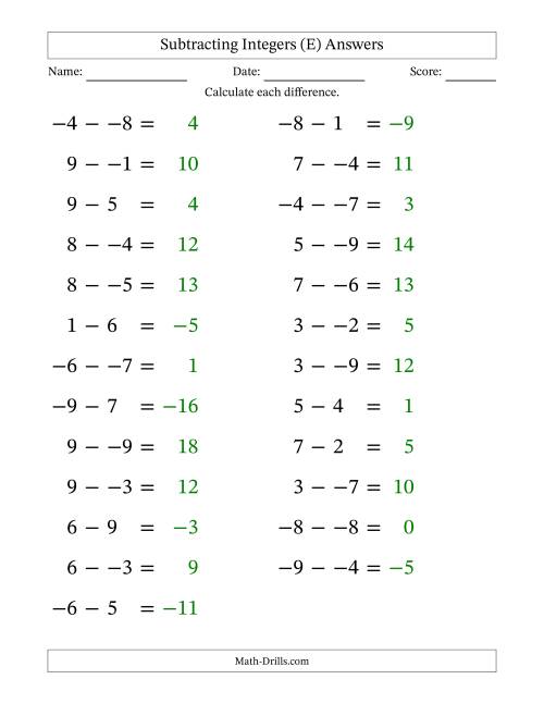 The Subtracting Mixed Integers from -9 to 9 (25 Questions; Large Print; No Parentheses) (E) Math Worksheet Page 2