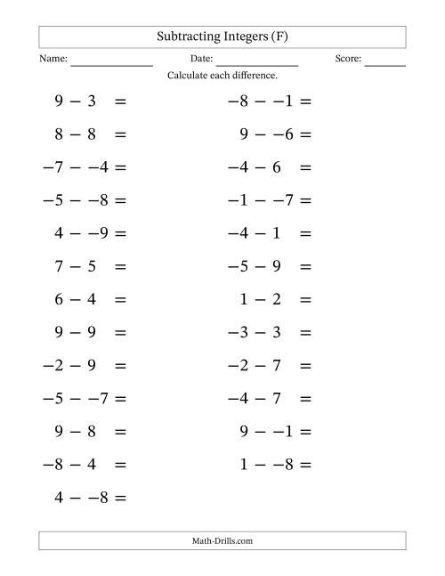 The Subtracting Mixed Integers from -9 to 9 (25 Questions; Large Print; No Parentheses) (F) Math Worksheet