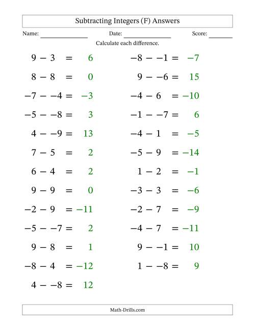 The Subtracting Mixed Integers from -9 to 9 (25 Questions; Large Print; No Parentheses) (F) Math Worksheet Page 2