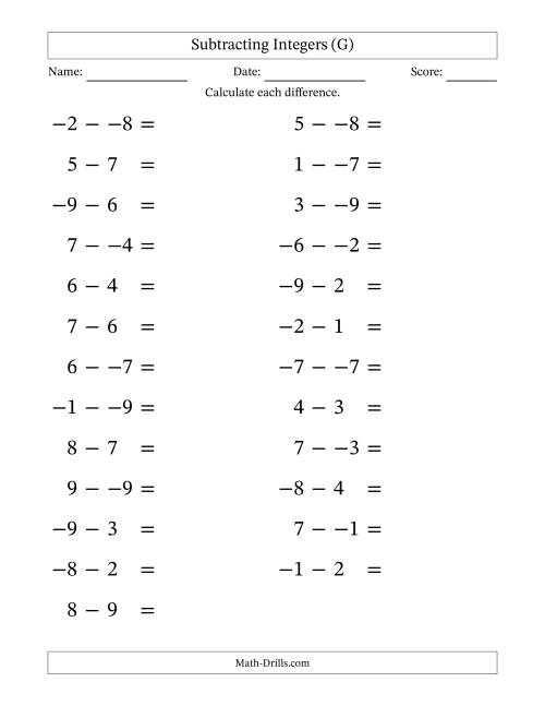 The Subtracting Mixed Integers from -9 to 9 (25 Questions; Large Print; No Parentheses) (G) Math Worksheet