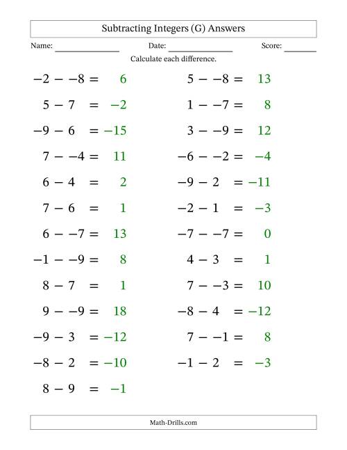 The Subtracting Mixed Integers from -9 to 9 (25 Questions; Large Print; No Parentheses) (G) Math Worksheet Page 2
