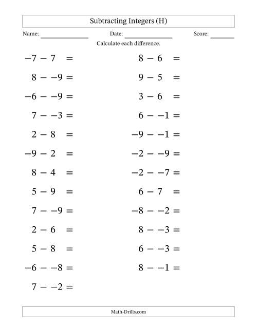 The Subtracting Mixed Integers from -9 to 9 (25 Questions; Large Print; No Parentheses) (H) Math Worksheet