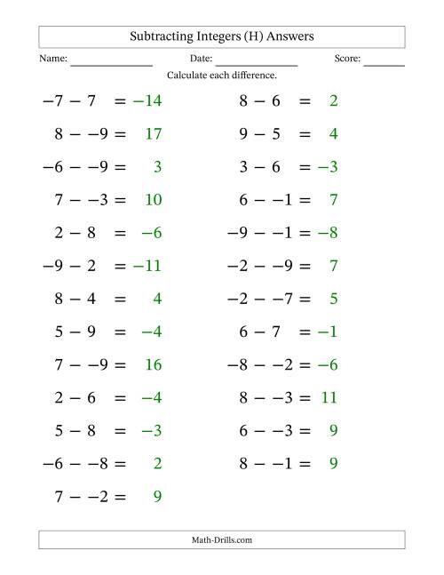 The Subtracting Mixed Integers from -9 to 9 (25 Questions; Large Print; No Parentheses) (H) Math Worksheet Page 2