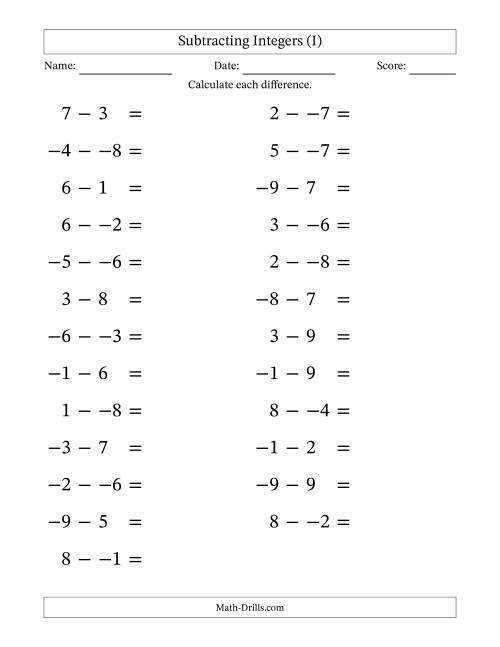 The Subtracting Mixed Integers from -9 to 9 (25 Questions; Large Print; No Parentheses) (I) Math Worksheet