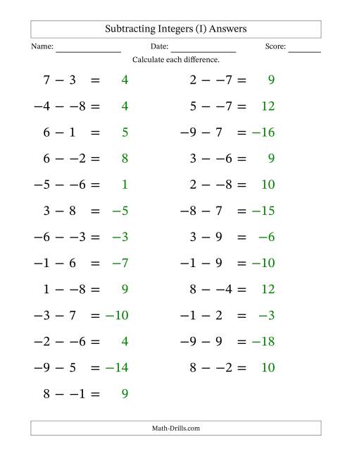 The Subtracting Mixed Integers from -9 to 9 (25 Questions; Large Print; No Parentheses) (I) Math Worksheet Page 2