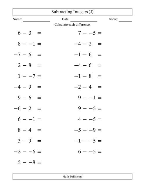 The Subtracting Mixed Integers from -9 to 9 (25 Questions; Large Print; No Parentheses) (J) Math Worksheet