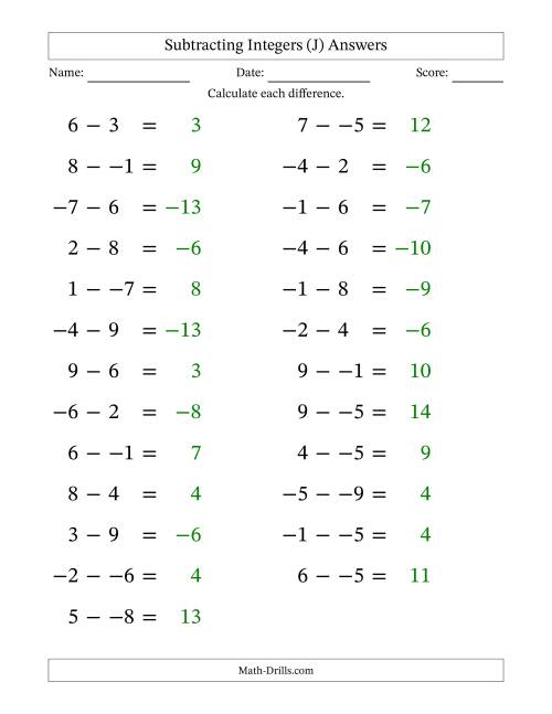 The Subtracting Mixed Integers from -9 to 9 (25 Questions; Large Print; No Parentheses) (J) Math Worksheet Page 2