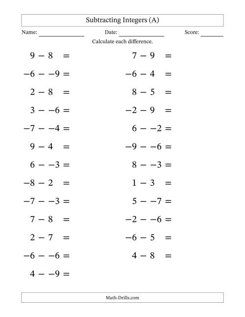 The Subtracting Mixed Integers from -9 to 9 (25 Questions; Large Print; No Parentheses) (All) Math Worksheet
