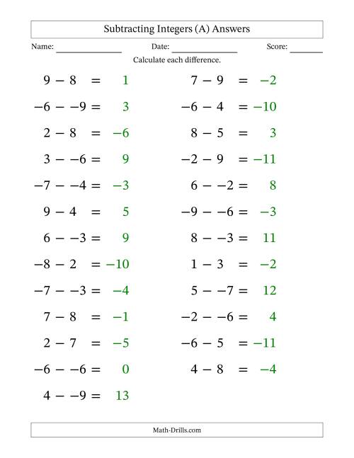 The Subtracting Mixed Integers from -9 to 9 (25 Questions; Large Print; No Parentheses) (All) Math Worksheet Page 2