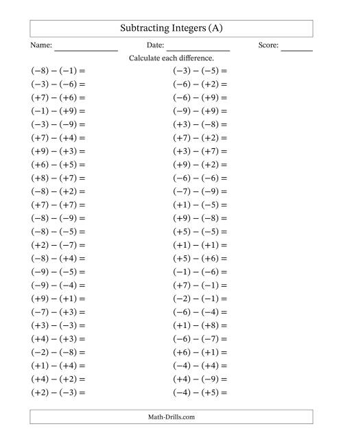 The Subtracting Mixed Integers from -9 to 9 (50 Questions; All Parentheses) (A) Math Worksheet