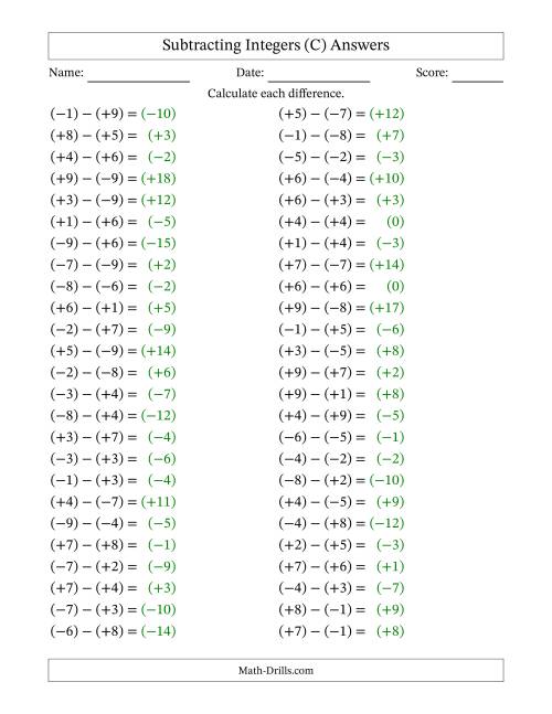 The Subtracting Mixed Integers from -9 to 9 (50 Questions; All Parentheses) (C) Math Worksheet Page 2