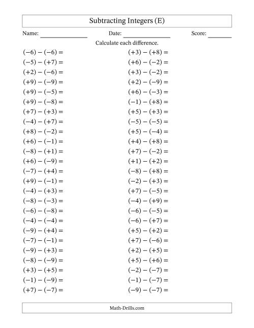 The Subtracting Mixed Integers from -9 to 9 (50 Questions; All Parentheses) (E) Math Worksheet